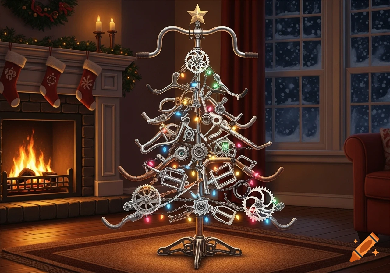 A Christmas tree fashioned from bicycle parts and colorful lights stands in a cozy room with a lit fireplace, hung stockings, and a snowy window.