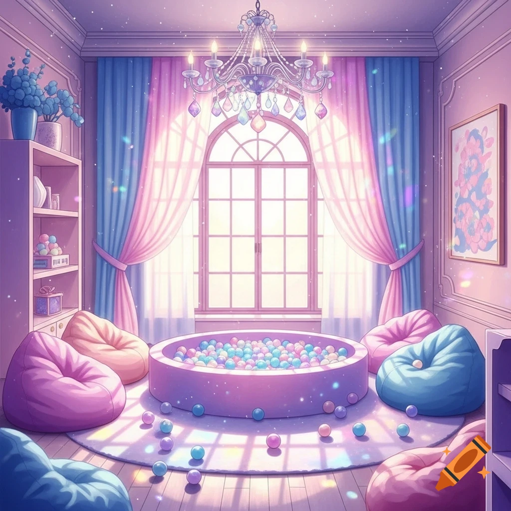A pastel pink, purple, and blue anime-style children's room with a ball pit, beanbag chairs, and a chandelier.