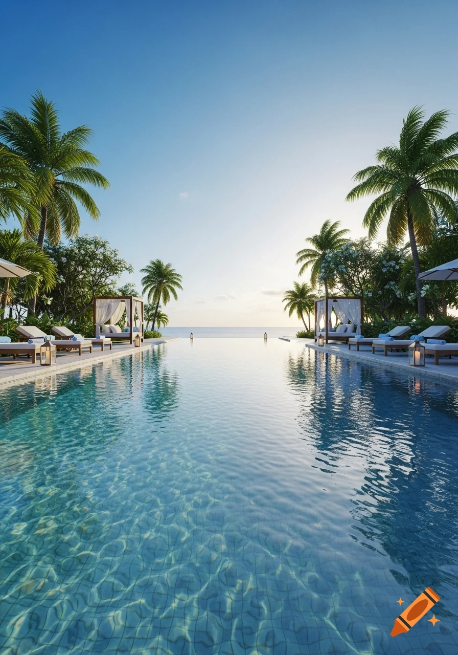 A pristine infinity pool stretches towards the ocean, flanked by palm trees, lounge chairs, and cabanas at a tropical resort.