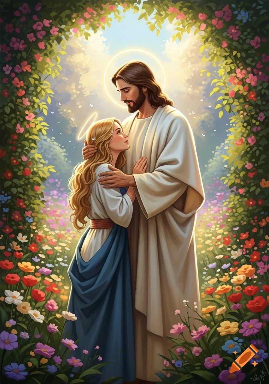 Jesus with a young blonde woman embracing in a vibrant flower garden with a bright halo.