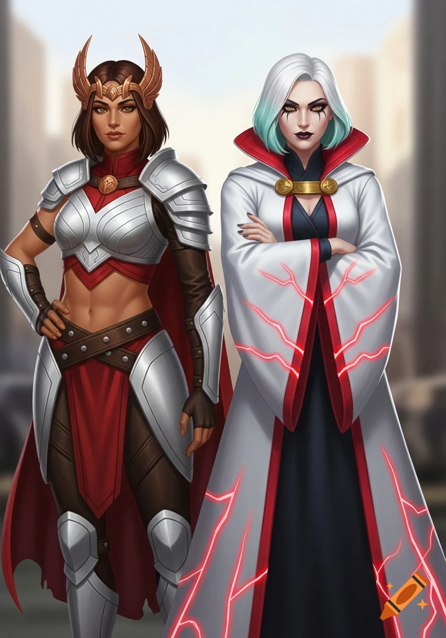 A tan-skinned female warrior in silver and red armor stands next to a ...