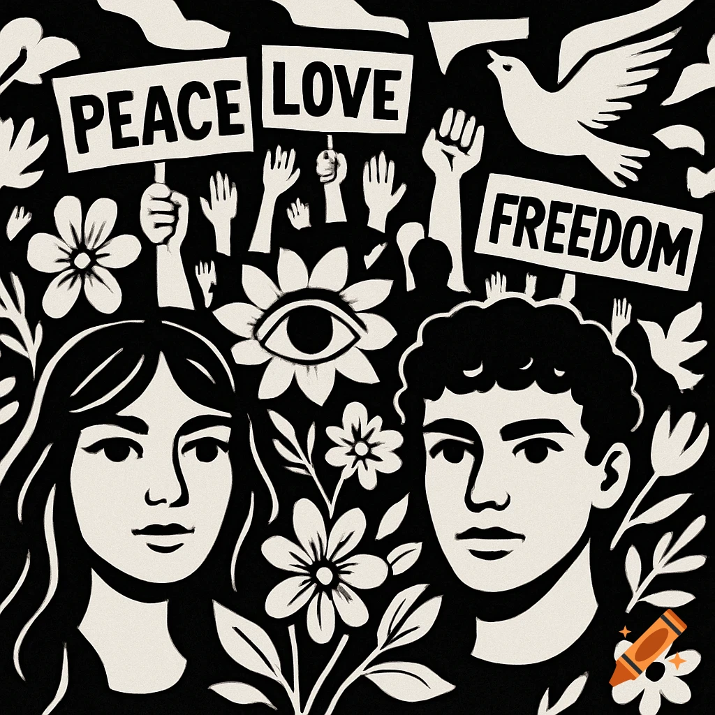 Black and white graphic art featuring two faces, protest signs, hands, flowers, and doves, symbolizing peace, love, and freedom.