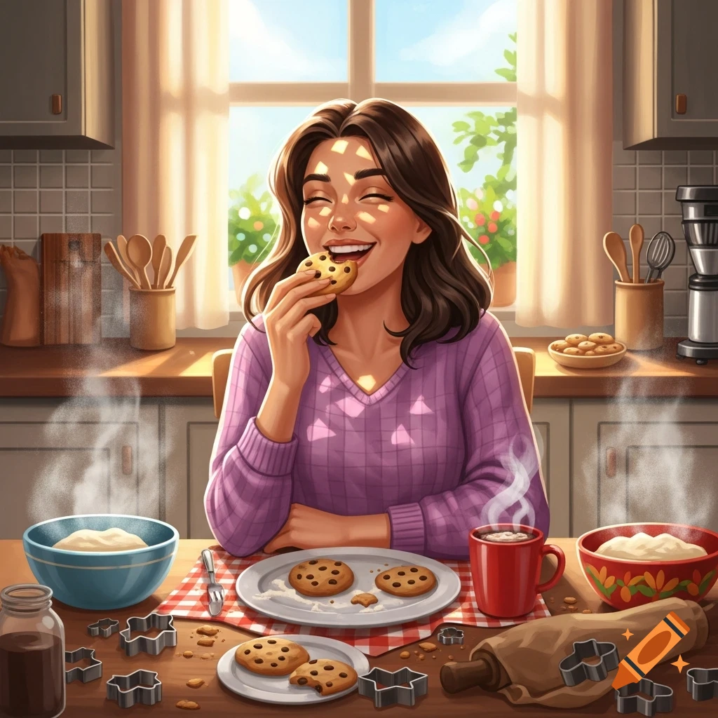 A smiling woman with closed eyes blissfully eats a chocolate chip cookie in a bright, sunlit kitchen while baking.