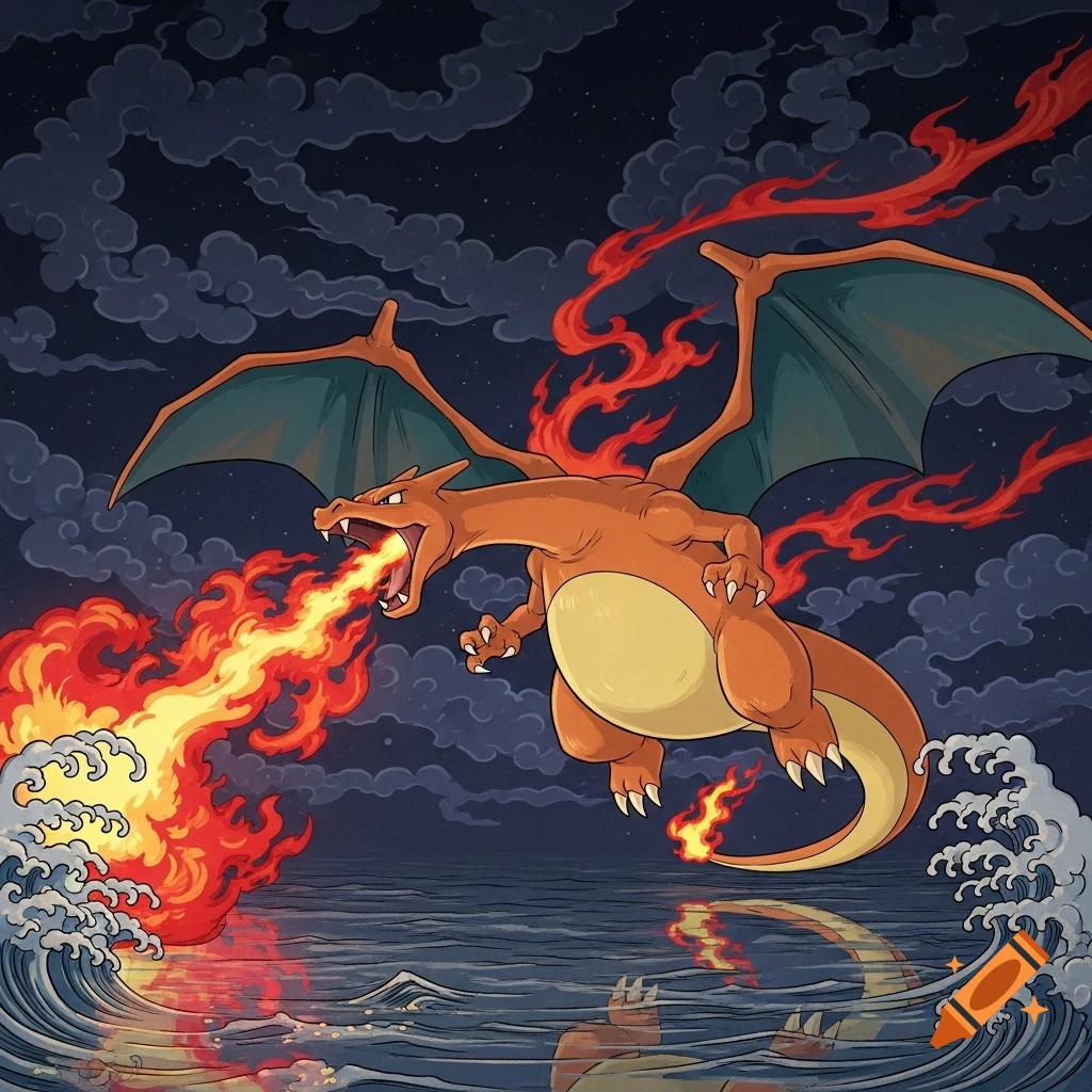 Charizard, in old Japanese style art, flies above water with a dark sky, breathing fire.