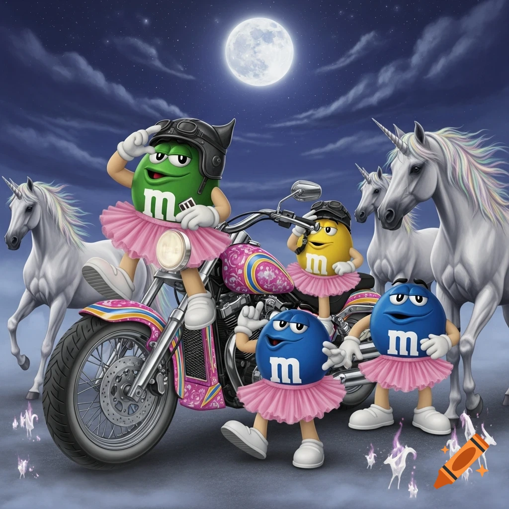 Green M&M in a tutu and helmet on a pink motorcycle with other M&M's in tutus, surrounded by unicorns under a full moon.