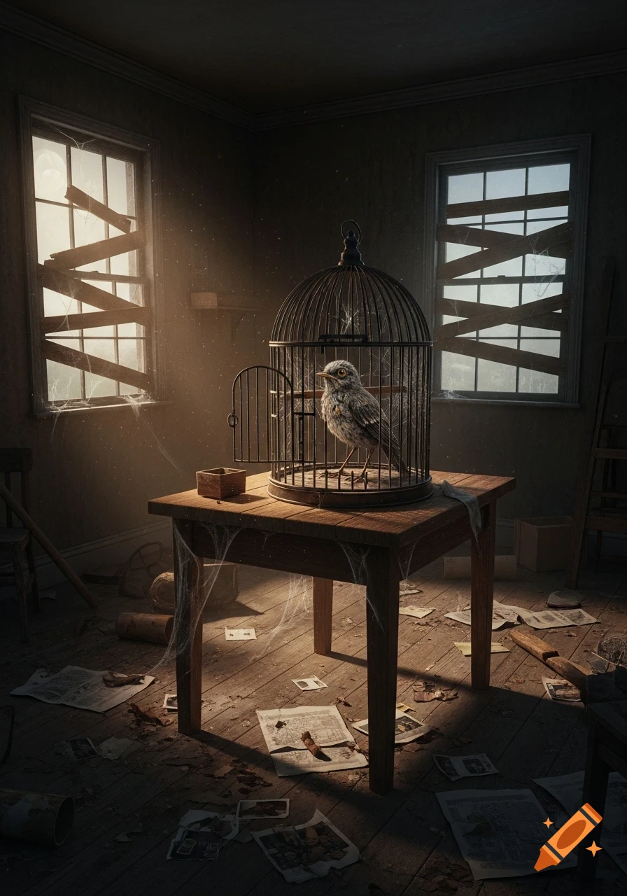 A small, tattered bird sits inside an open cage on a table in a dark, dusty, abandoned room with sunlight streaming through boarded windows.