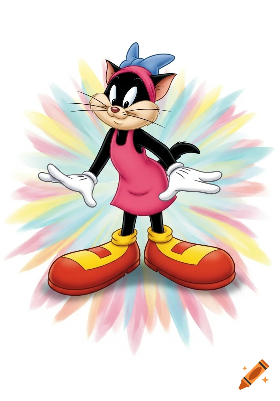 A black cartoon cat in a pink dress with a blue bow and oversized red shoes stands against a colorful burst background.