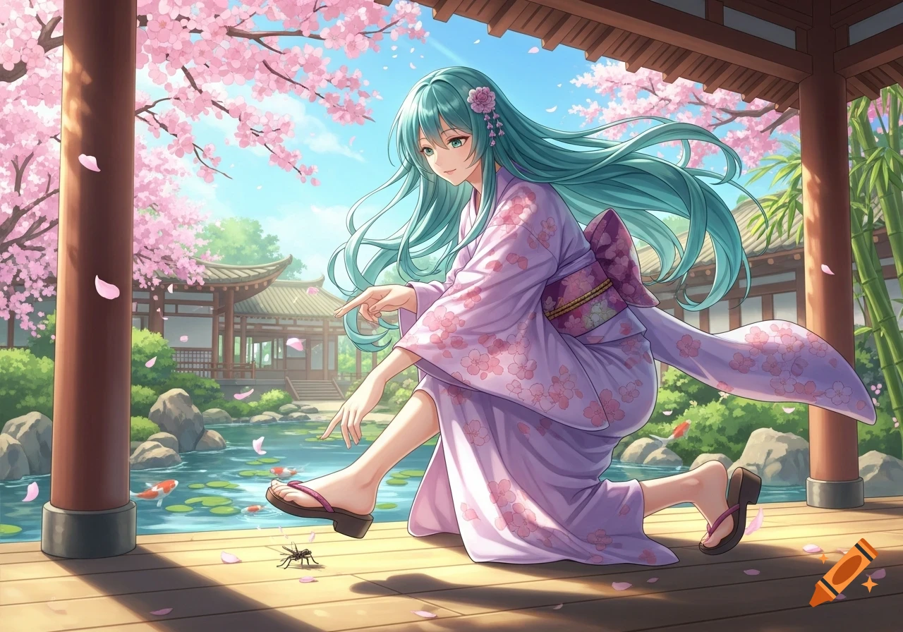 Anime lady in a purple kimono kneels in a Japanese garden with cherry blossoms, pointing at a bug near a koi pond.