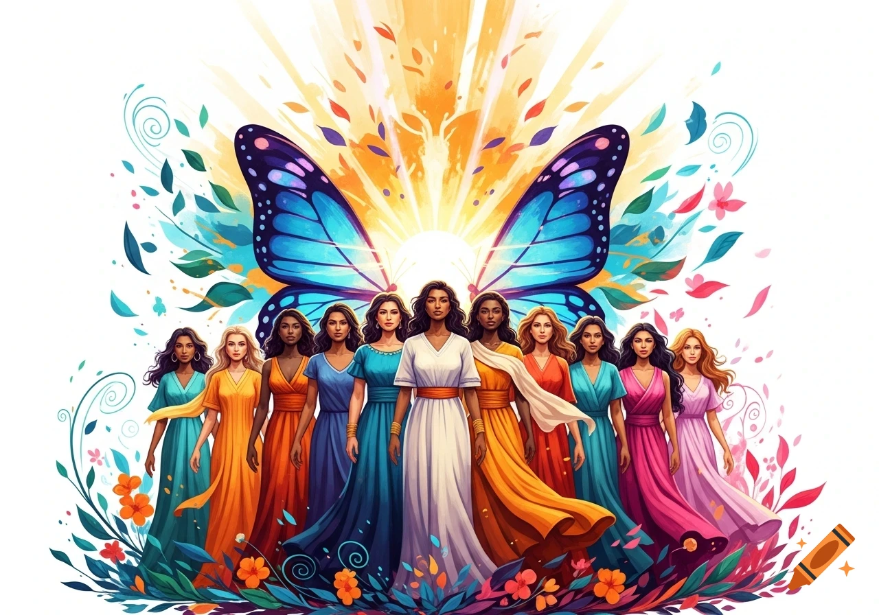 Diverse women in colorful dresses stand before a large blue butterfly with radiant light, surrounded by foliage.