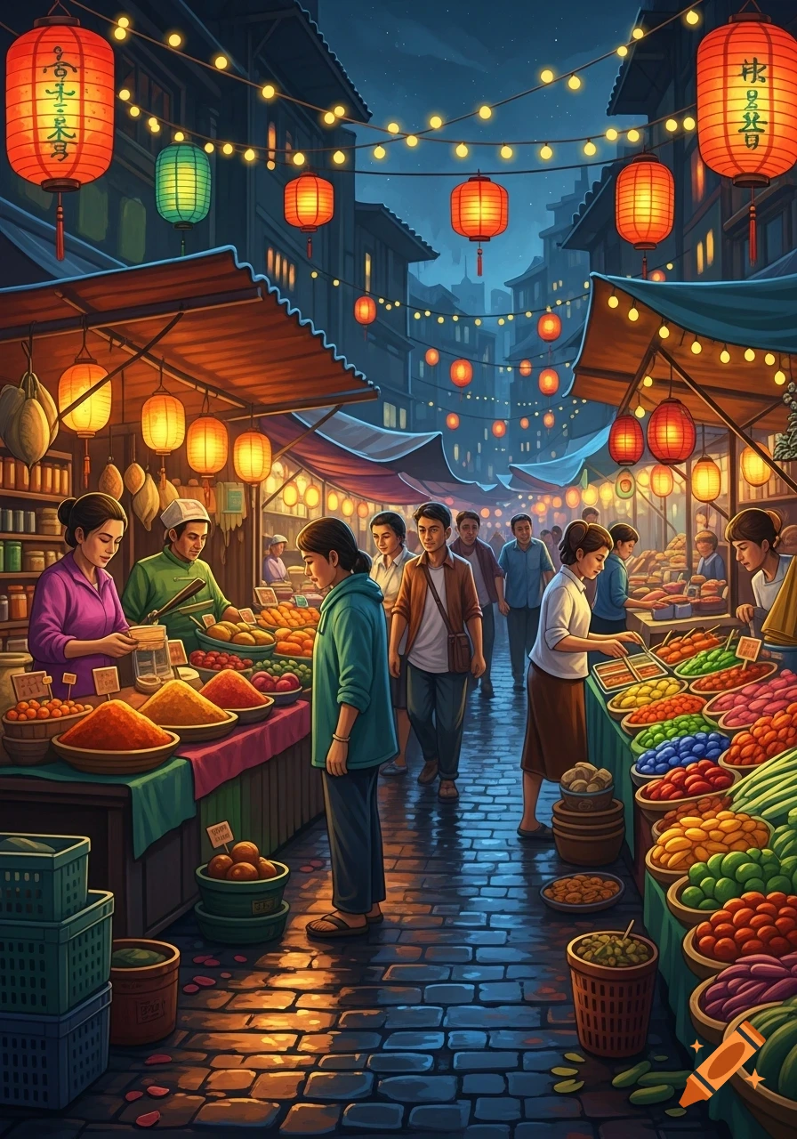 A vibrant night market with people bustling between food and produce stalls under strings of glowing lanterns.