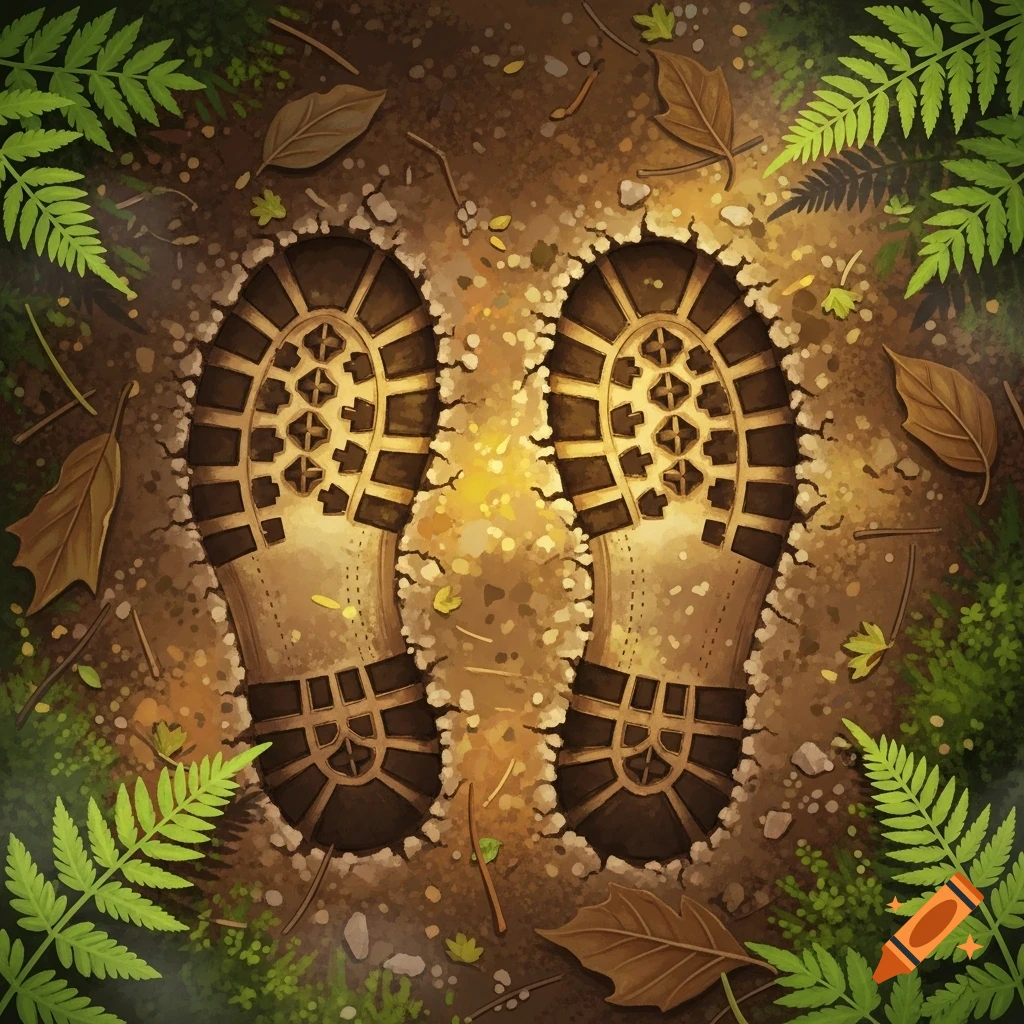 Overhead illustration of two detailed boot prints in brown dirt, surrounded by green ferns and fallen autumn leaves.