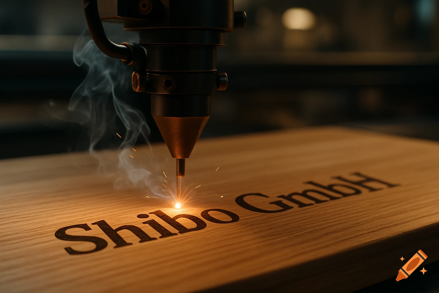Close-up of a laser engraving machine etching 'Shibo GmbH' into wood, with smoke and sparks.