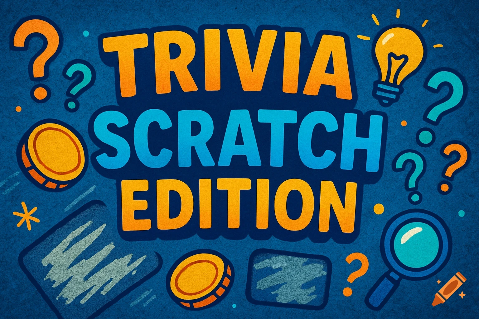 Colorful illustration for a trivia scratch game with 'TRIVIA SCRATCH EDITION' text, question marks, lightbulb, coins, and a magnifying glass.