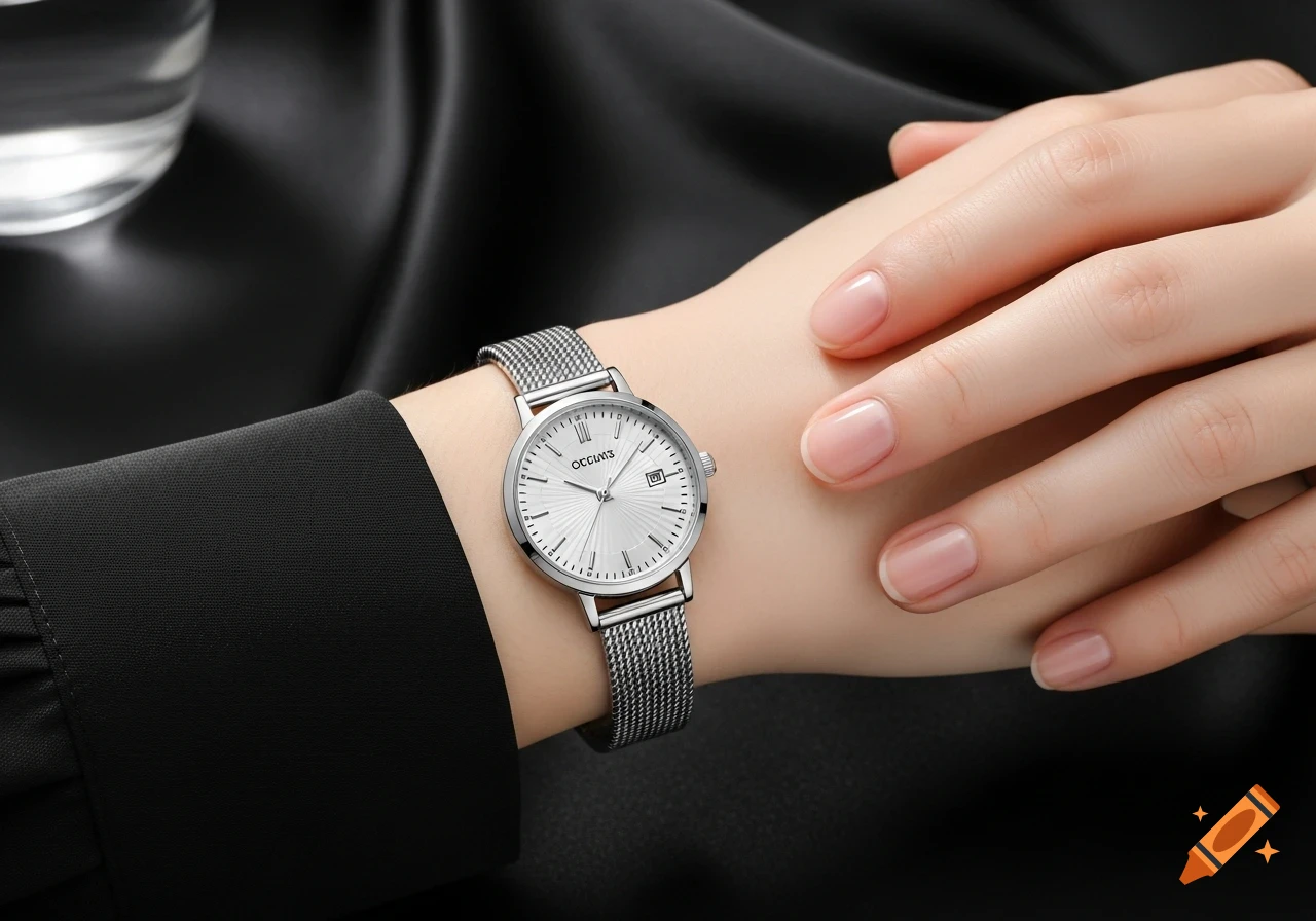 A photorealistic image of a woman's hand wearing an elegant silver wristwatch with a mesh strap and white face.