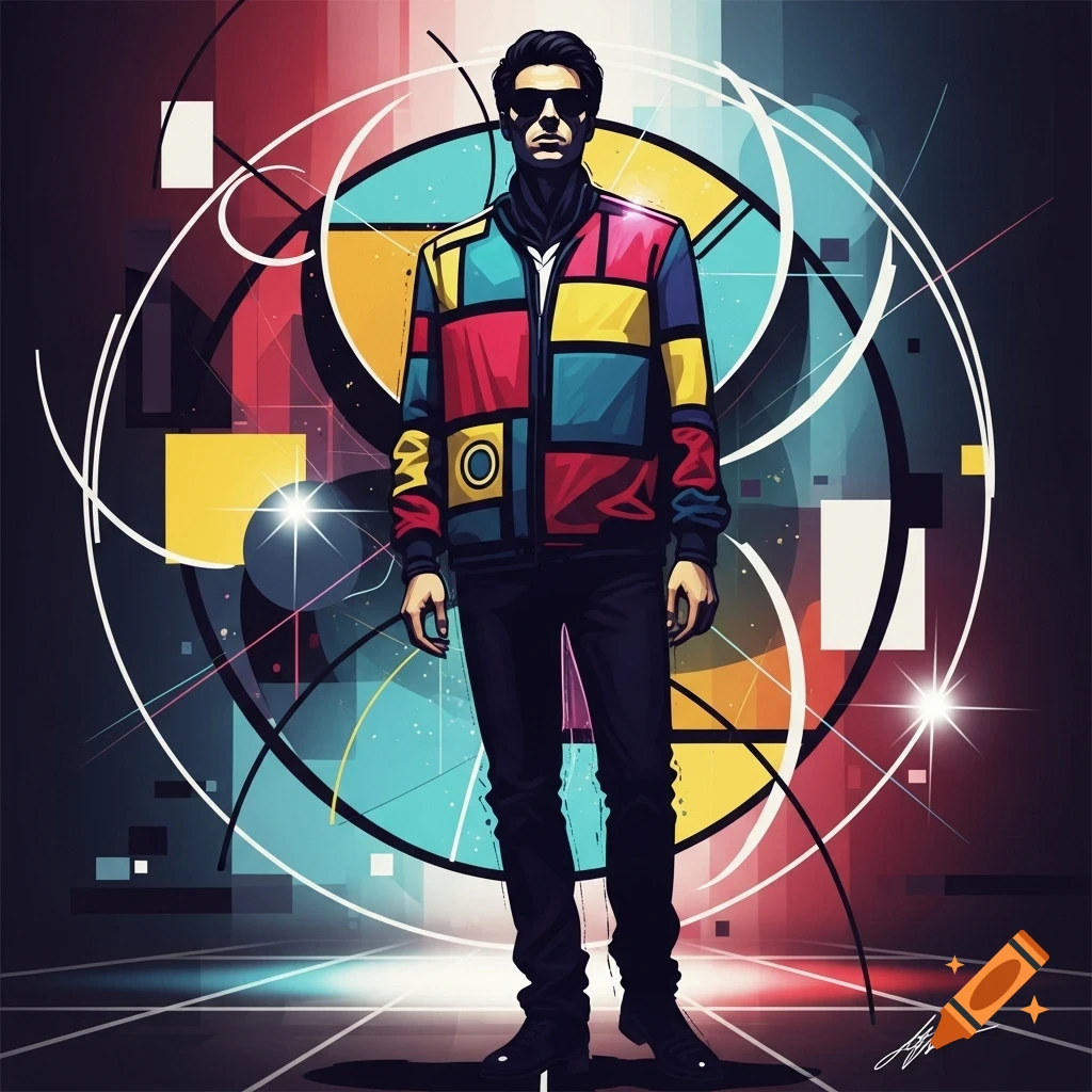 A stylized man in sunglasses and a colorful, geometric-patterned jacket stands against an abstract background with circles and lines.
