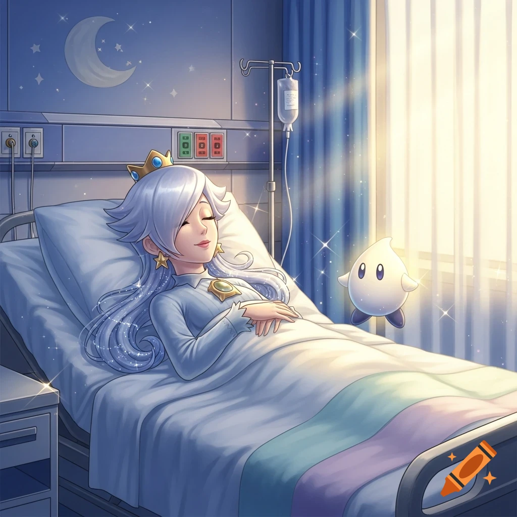 Rosalina from Super Mario sleeps peacefully in a hospital bed with a Luma floating beside her, sunlight streaming through the window.