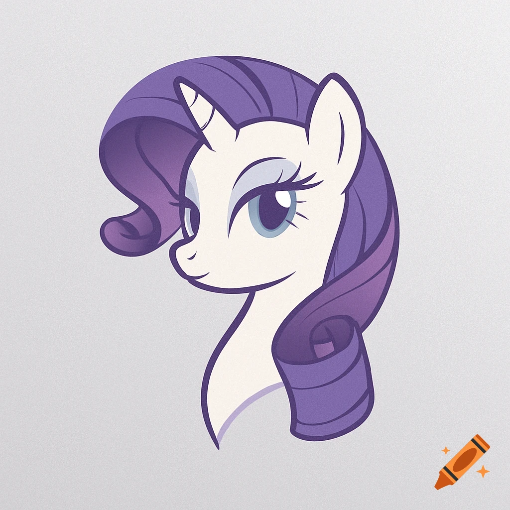 An illustration of Rarity from My Little Pony, a white unicorn pony with a flowing purple mane and blue eyes, against a plain grey background.