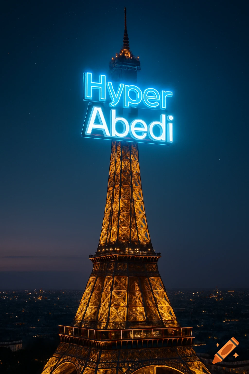 The Eiffel Tower at dusk with a glowing neon sign reading 'Hyper Abedi' against a dark blue sky.