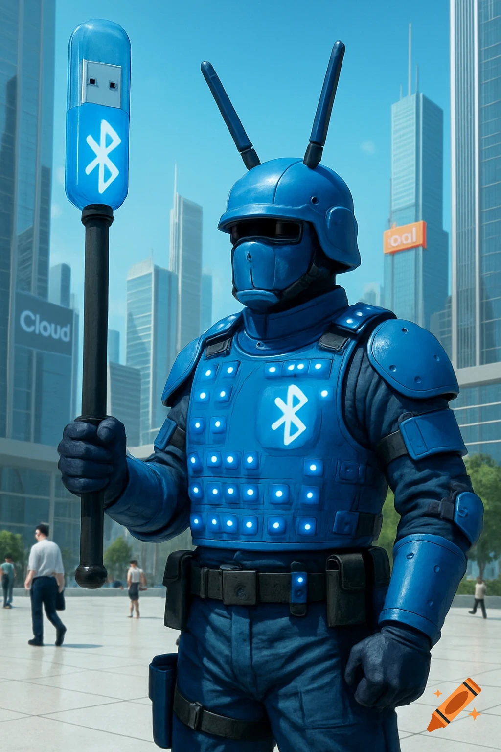 A blue armored futuristic officer, the "Dongle Dragoon," holds a giant Bluetooth dongle staff in a gleaming, corporate city plaza.