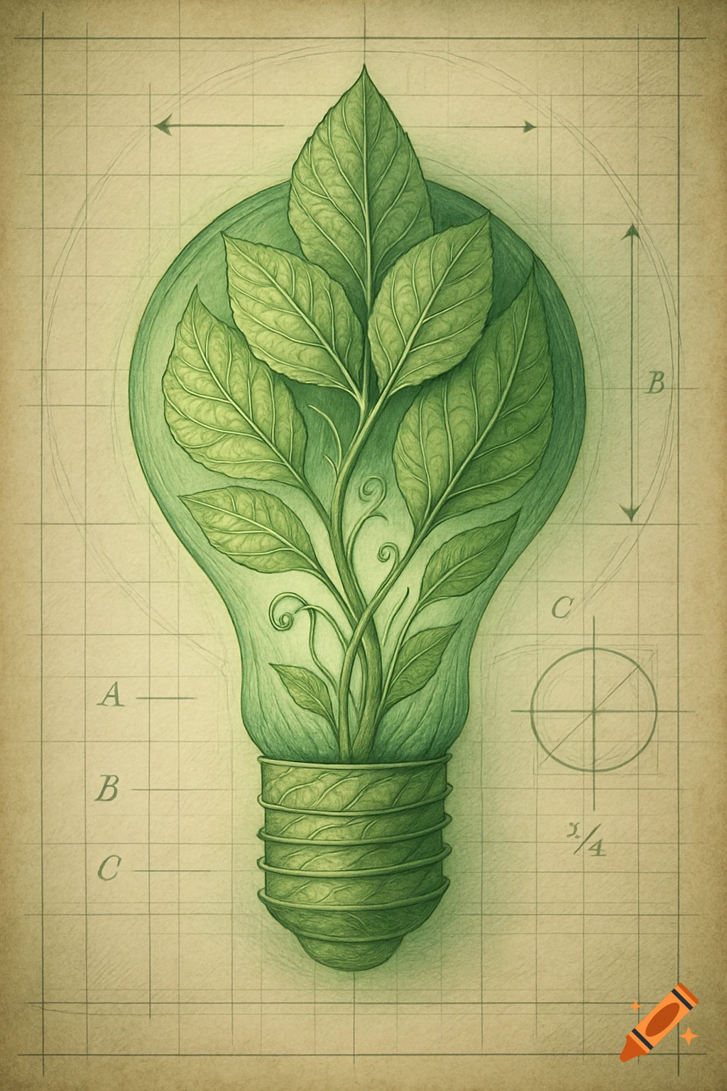 Blueprint style drawing of a light bulb with green leaves growing inside, on a grid background with technical annotations.