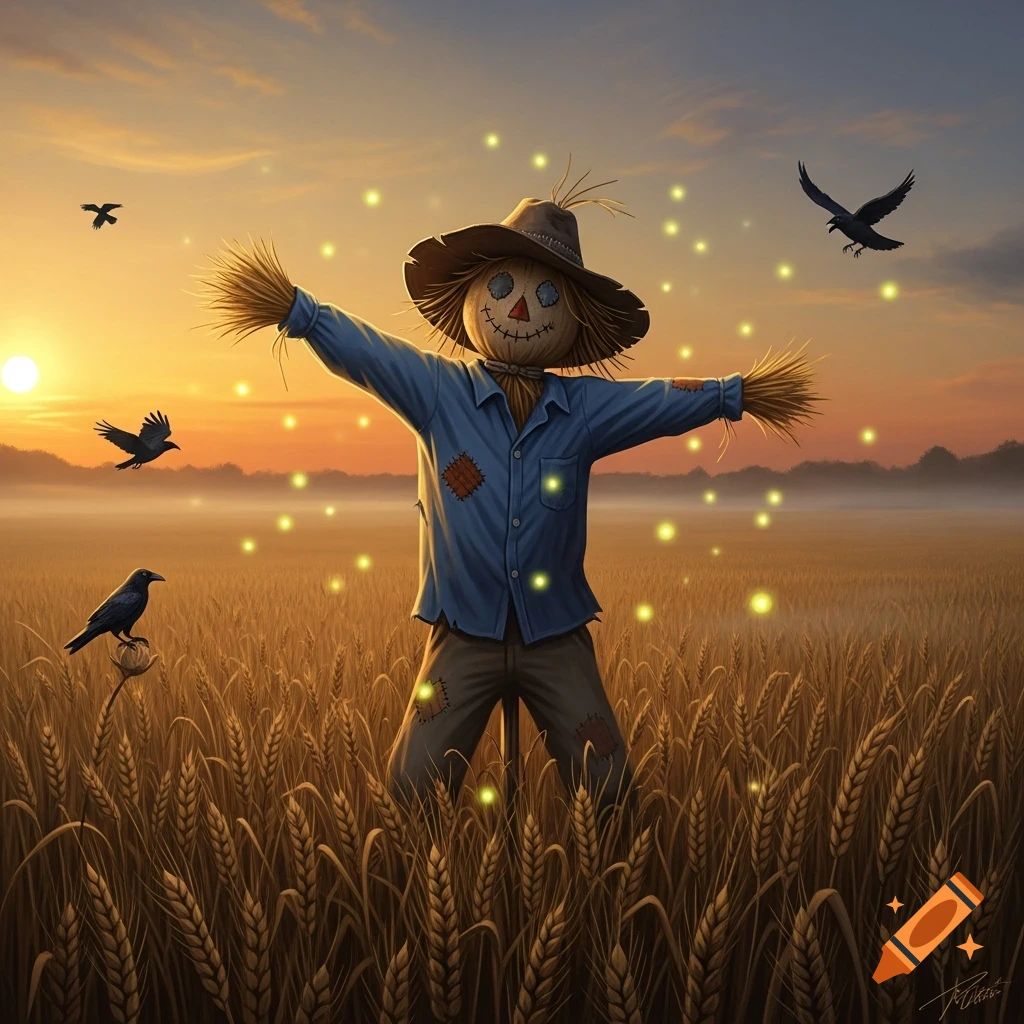 A whimsical scarecrow stands in a golden wheat field at sunset, surrounded by glowing fireflies and black crows.