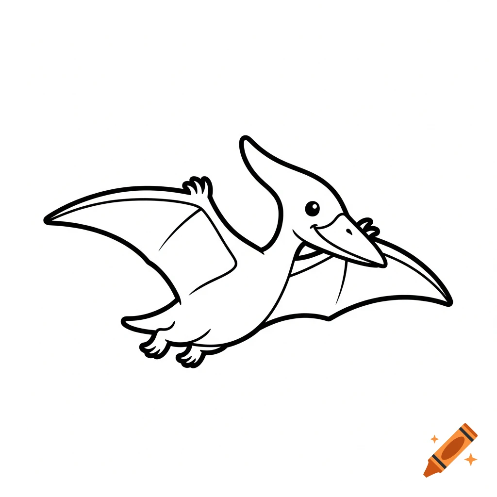 Simple black and white line art illustration of a cute flying pterodactyl with thick outlines.