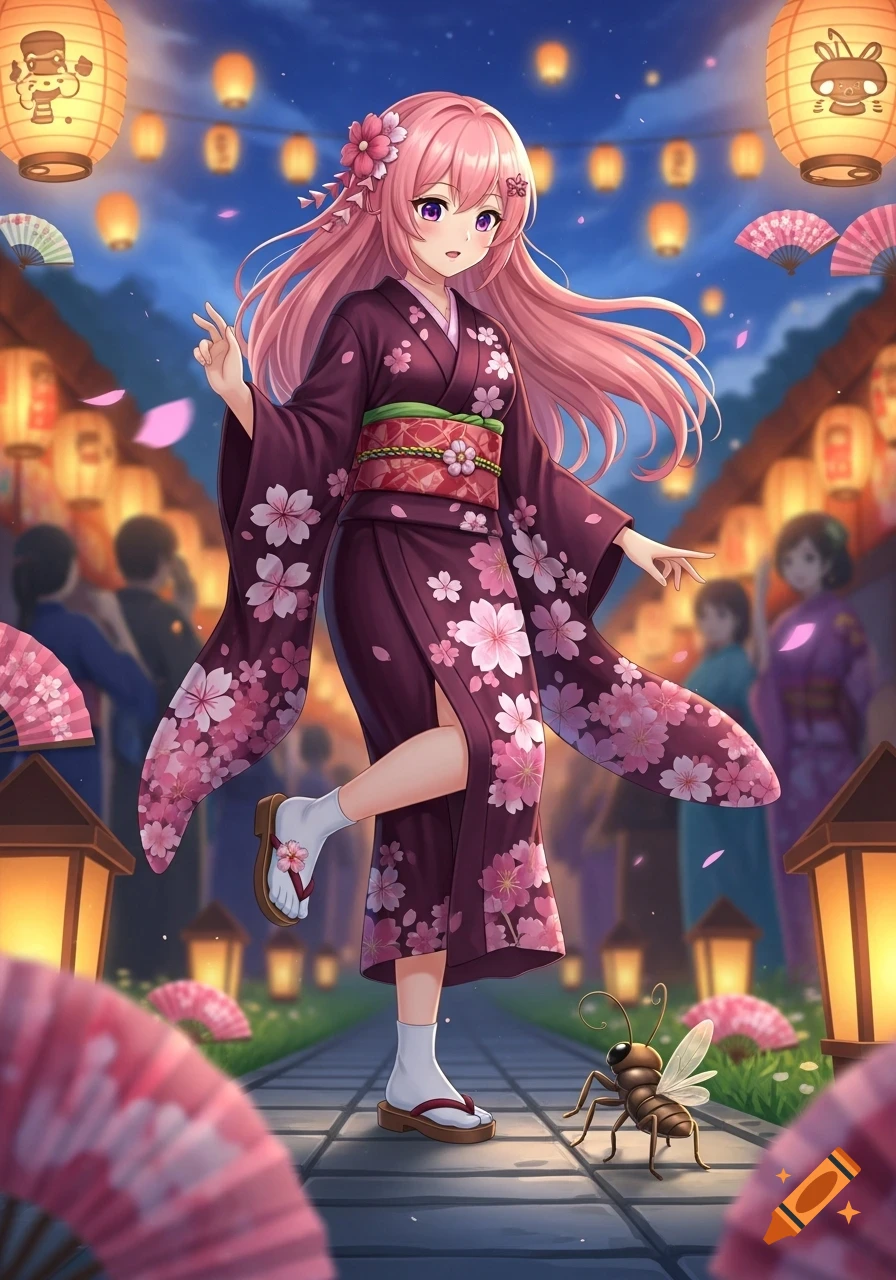 Anime girl in a purple kimono with pink cherry blossoms, posing on a Japanese festival street at night with lanterns, a bug on the ground.