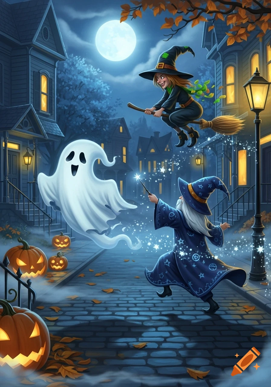 A cartoon witch flies on a broom above a wizard casting a spell on a ghost, with jack-o'-lanterns on a Halloween night street.