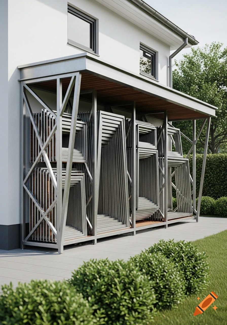 Modern house with a metal frame storage unit filled with stacked frames under an overhang, alongside green bushes and grass.