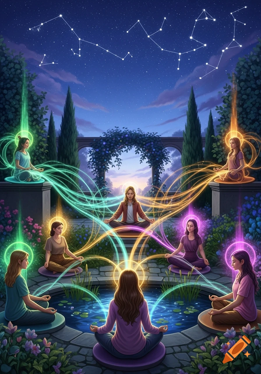 Seven women meditate in a magical moonlit garden with constellations, connected by glowing energy beams of various colors.