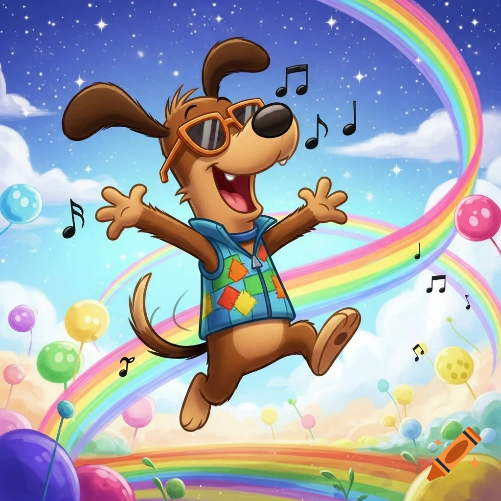 A cheerful cartoon dog with sunglasses and a colorful vest dances and sings under a starry blue sky with rainbows and balloons.