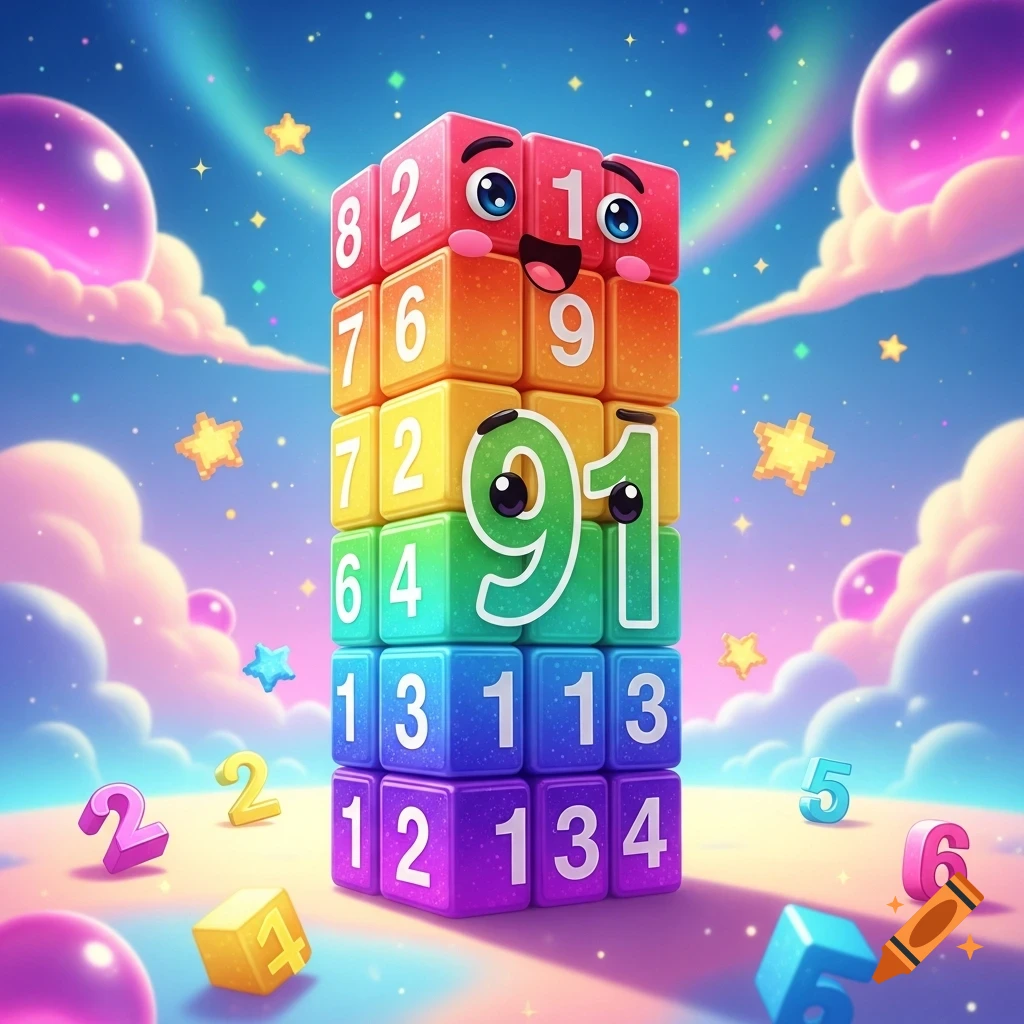 A colorful stack of Numberblocks, with faces, in a whimsical starry sky with clouds and bubbles. The number 91 is prominent.