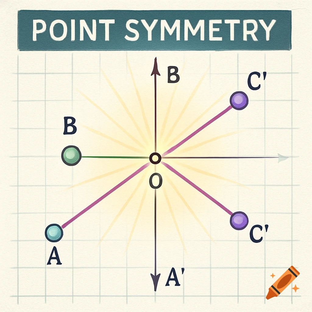 A colorful geometric diagram illustrating point symmetry, with a central point O, and points A, A', B, C', C' labeled on a grid with lines and arrows.