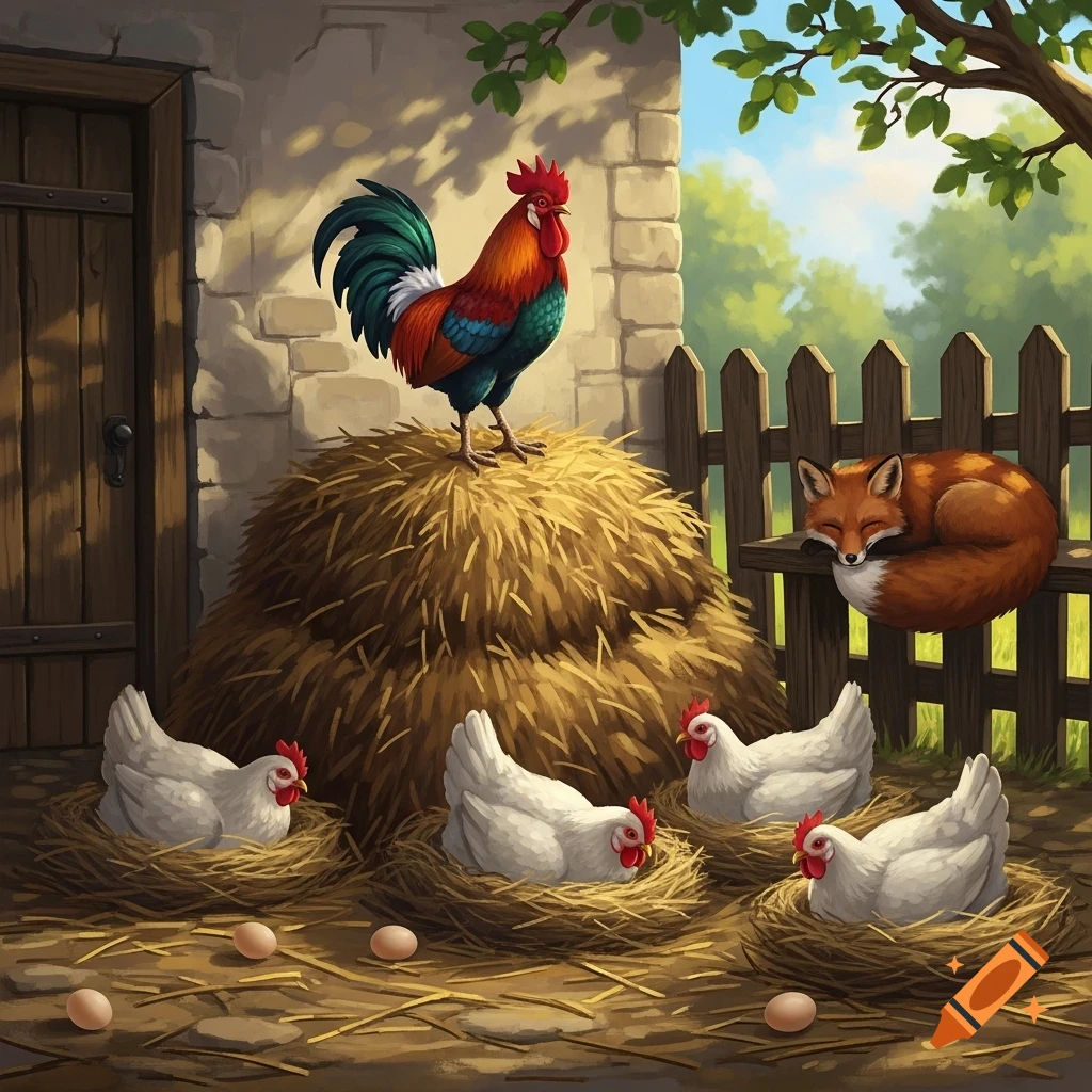 A colorful rooster stands on a hay bale, watching hens in nests with eggs, and a sleeping fox on a fence in a rustic farmyard.