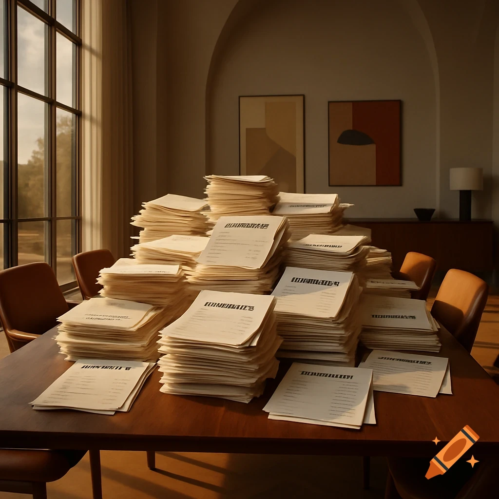 A large table in a sunlit office covered with towering stacks of white documents and papers.
