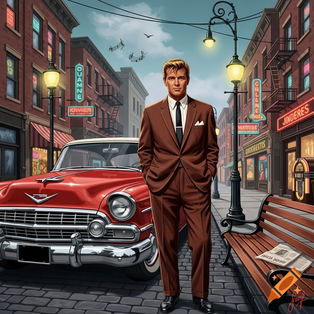 A dapper man in a brown suit stands beside a red vintage car on a stylized retro city street with neon signs.