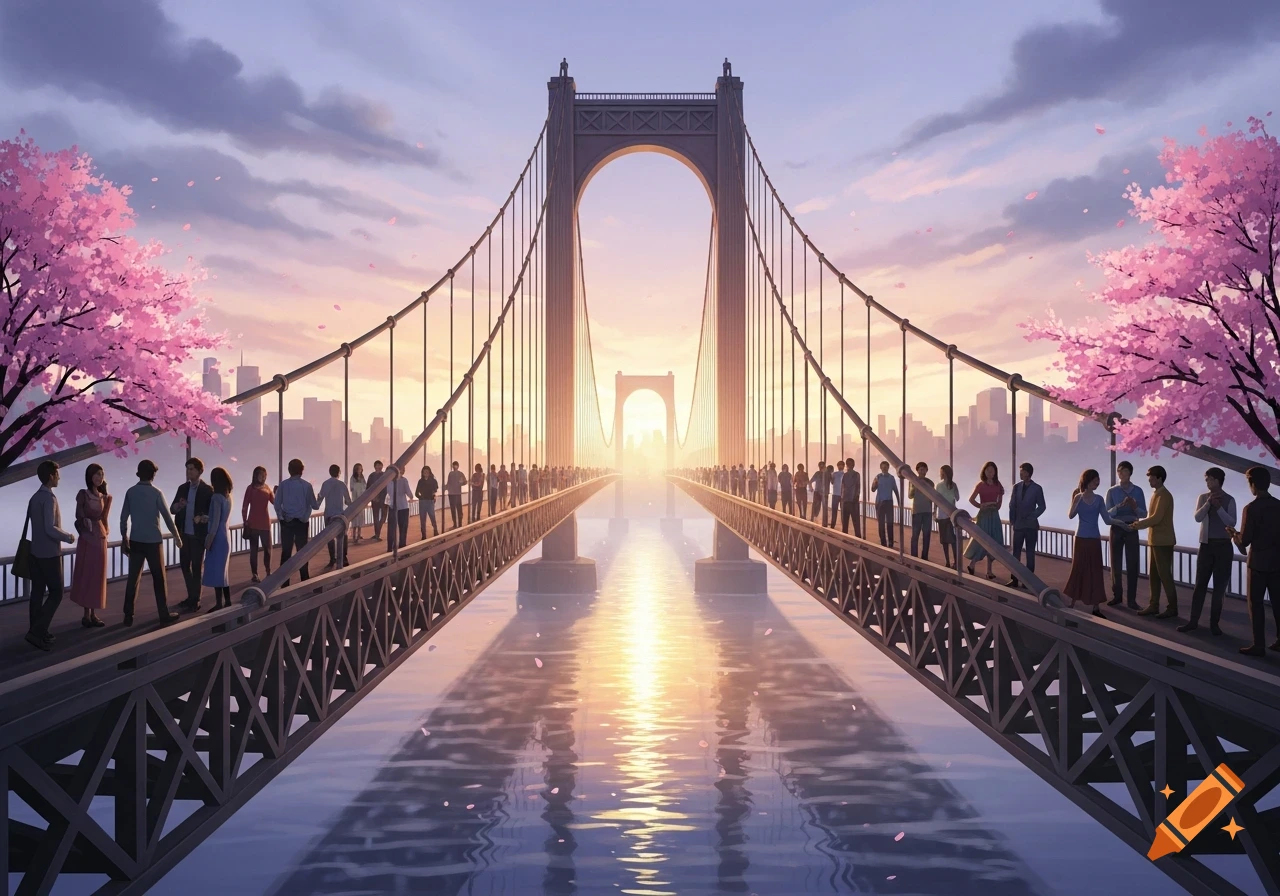 Anime style illustration of a large bridge filled with people and cherry blossoms, reflecting the vibrant sunset over a distant city.