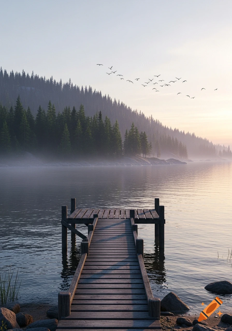 A serene wooden dock extends into a calm, misty lake surrounded by a dense evergreen forest under a soft sunrise sky, with birds flying.
