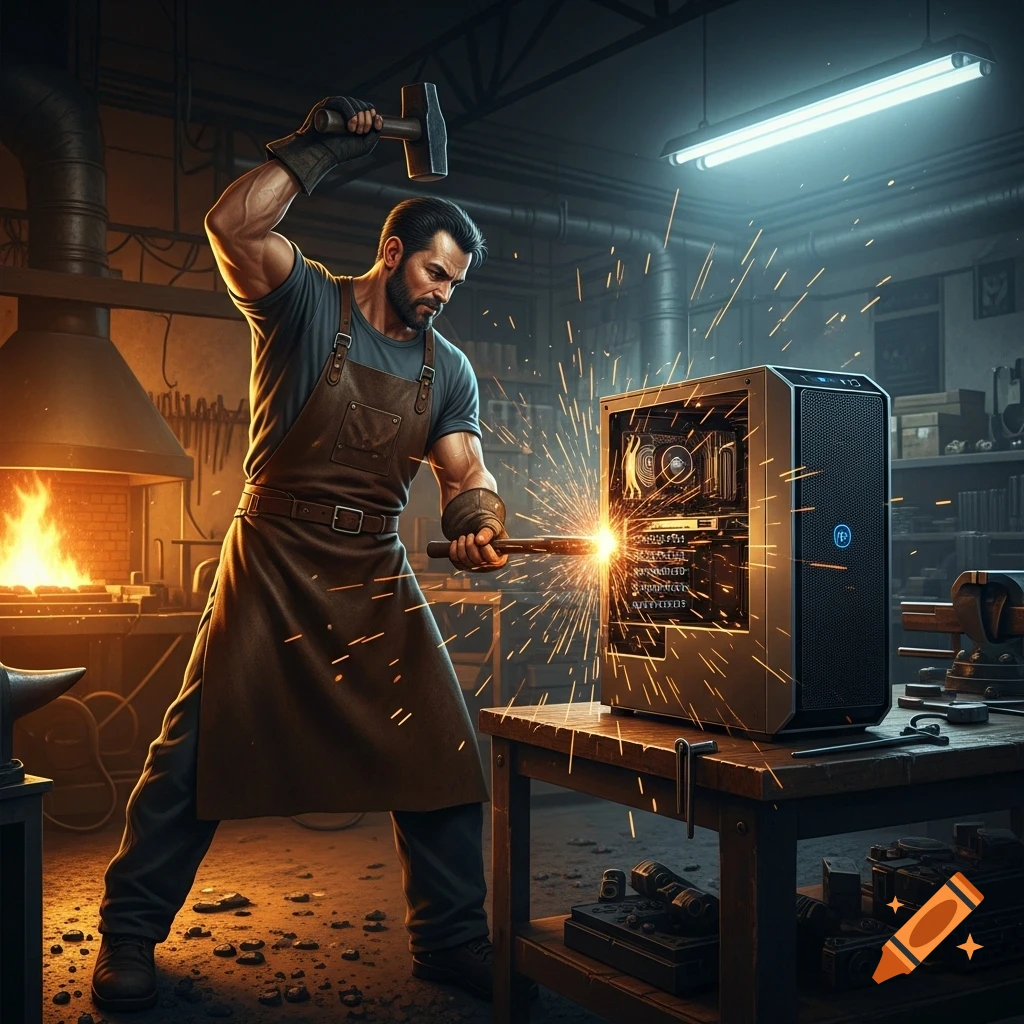 A muscular blacksmith in an apron hammers and sparks a modern desktop computer case in a forge workshop with a glowing furnace.