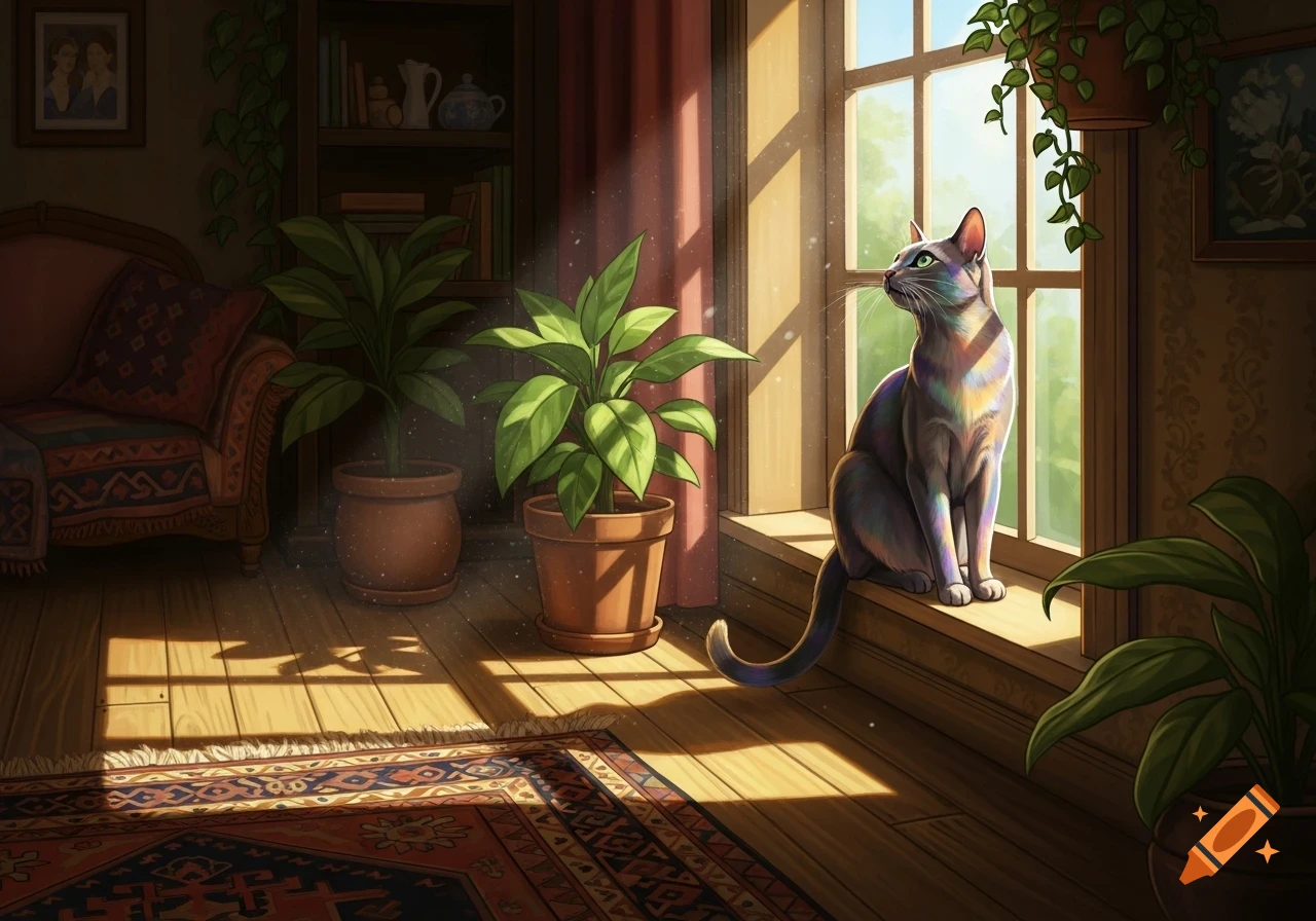 A stylized illustration of a gray cat sitting on a sunlit windowsill, looking outside, in a cozy room with plants and a patterned rug.
