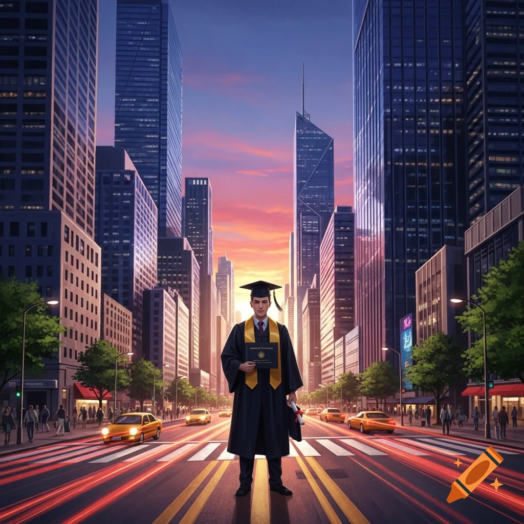 A male college graduate in a cap and gown stands in the middle of a city street at sunset, holding a diploma, with tall skyscrapers in the background and red light trails on the road.