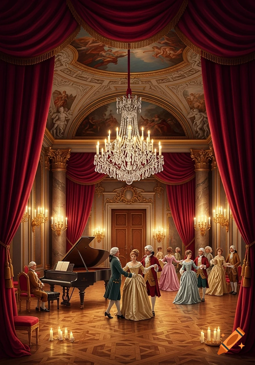 People in 18th-century attire dance in an opulent Baroque ballroom with red curtains, a crystal chandelier, and a piano.