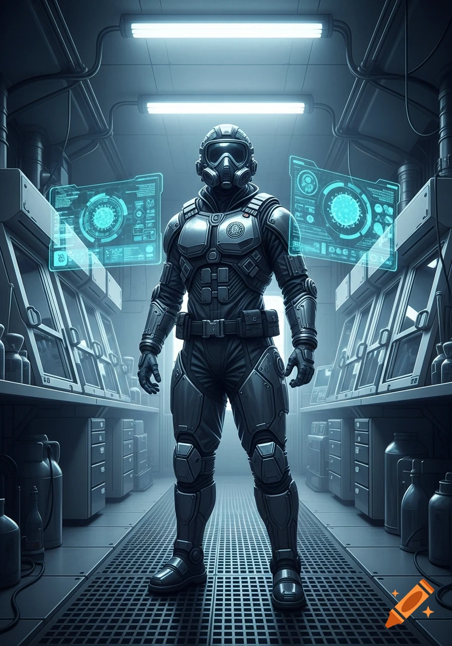 A futuristic bio-security agent in a dark, armored suit and gas mask stands in a sterile laboratory with glowing blue holographic displays.