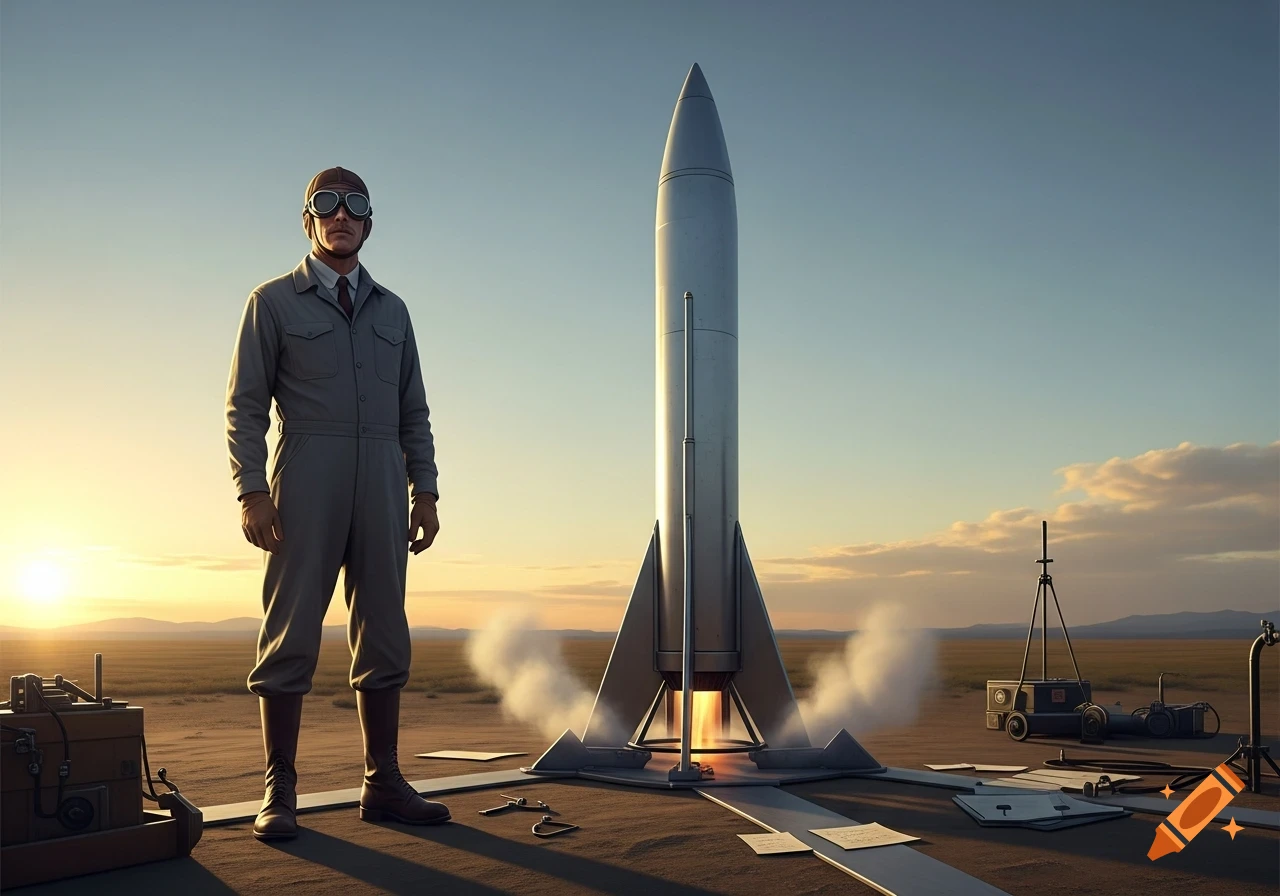 A man in a flight suit and goggles stands proudly next to a tall, silver rocket on a desert launchpad at sunset.