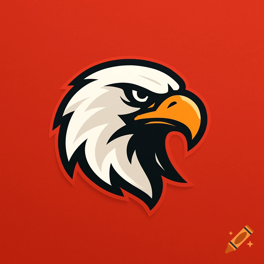 Stylized mascot logo of an eagle's head with white feathers and an orange beak, on a red background.