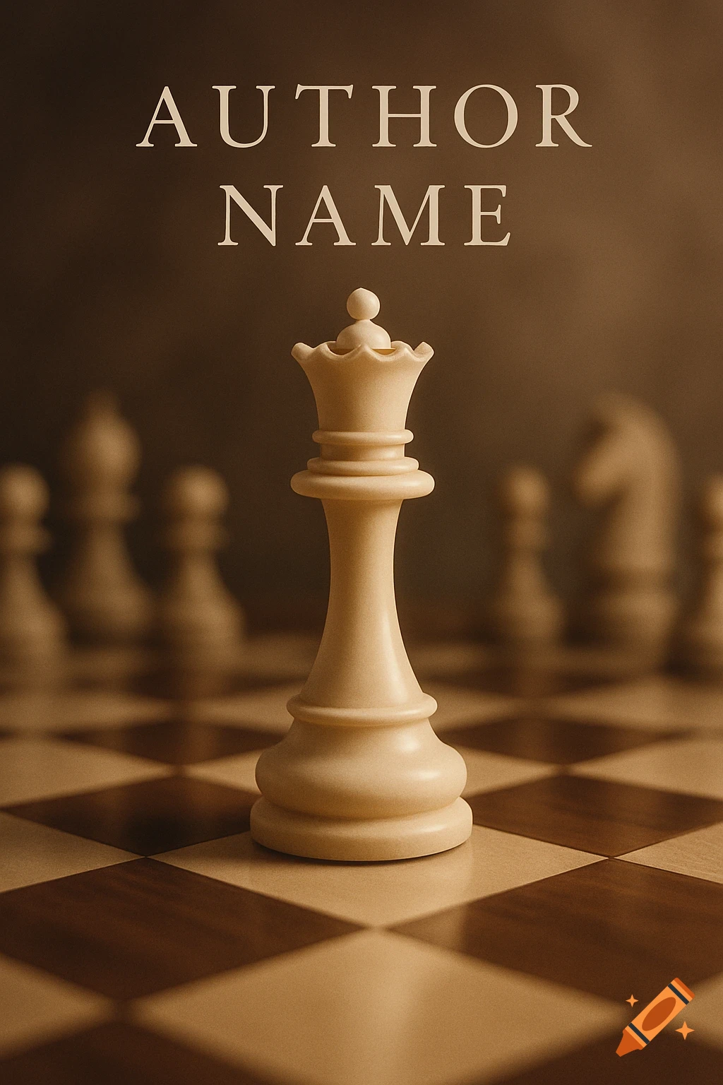 A white chess queen stands in focus on a chessboard, with blurred pieces behind it. Text "AUTHOR NAME" appears above.