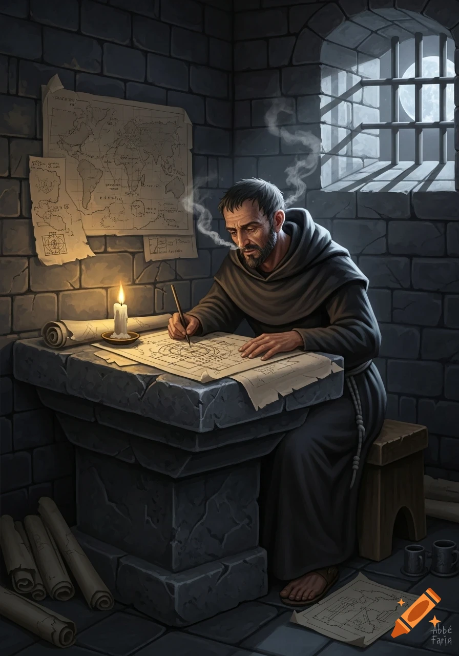 A robed man, resembling Abbé Faria, diligently draws detailed maps by candlelight at a stone table in a dim prison cell, illuminated by moonlight streaming through barred windows.