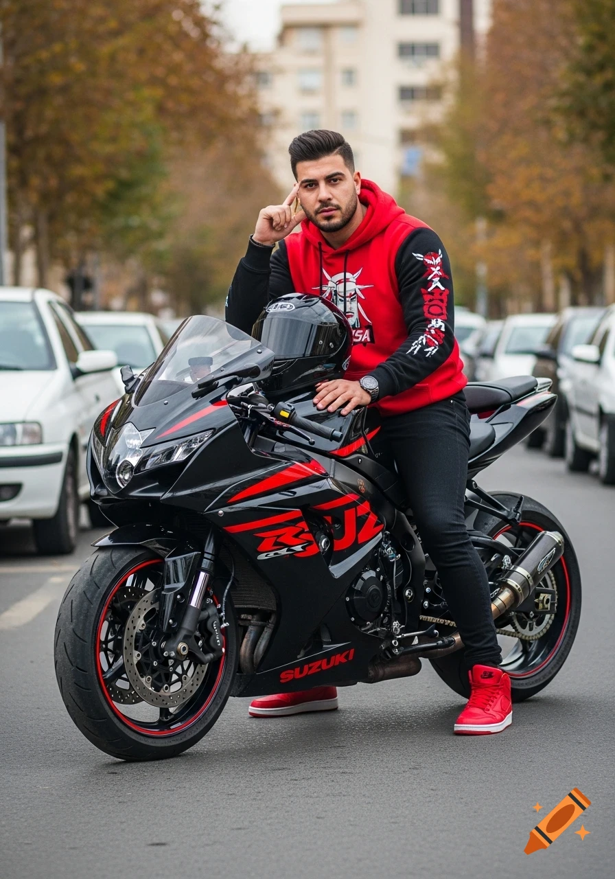 A stylish young man in a red and black hoodie, black pants, and red sneakers sits on a black and red Suzuki GSXR motorcycle on a city street.
