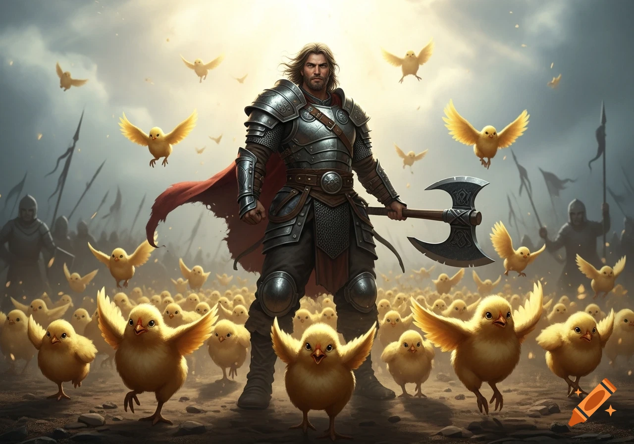 A knight in shining armor wielding an axe leads an army of fluffy baby chickens into battle under a dramatic, bright sky.