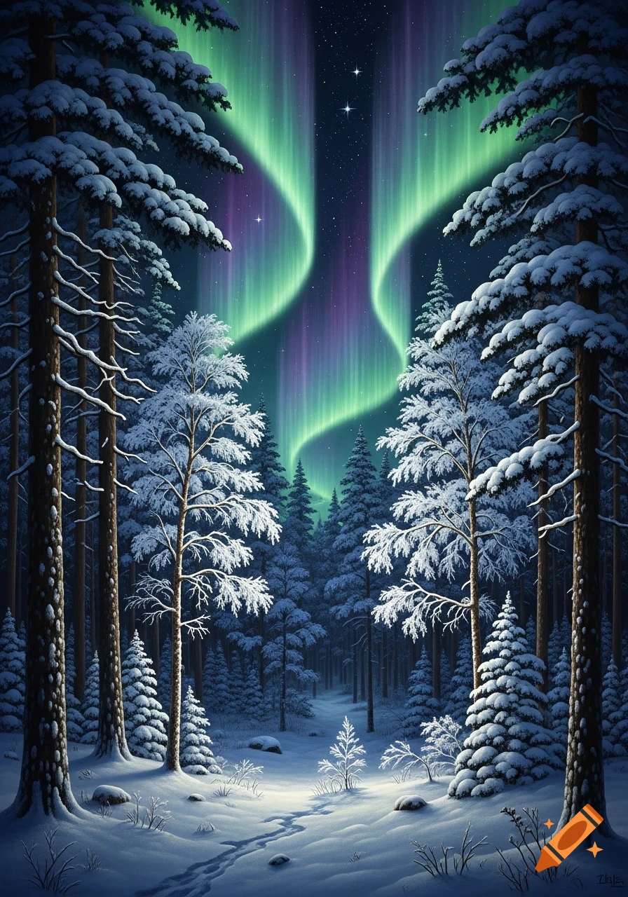 A hyperrealistic painting of a snowy winter forest under a dark, starry sky illuminated by a vibrant green and purple aurora borealis.